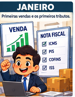 Janeiro: primeiro mês de operação: compras, produção, vendas, folha e os primeiros tributos sobre o faturamento.