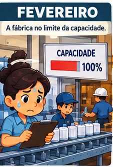 Fevereiro: segundo mês de operação: a fábrica chega ao limite, e a empresa decide sobre capacidade produtiva e a compra de um equipamento auxiliar.