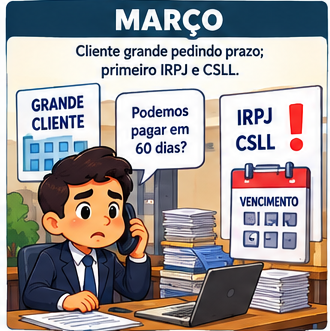 Março: fim do primeiro trimestre: um grande cliente pede prazo, e a empresa apura IRPJ e CSLL pela primeira vez.