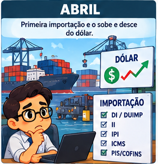Abril: primeira importação de matéria-prima: custo aduaneiro, câmbio e variação cambial entram no estoque e no resultado.
