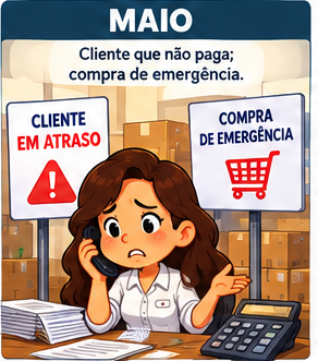 Maio: um cliente deixa de pagar e uma compra emergencial pressiona o caixa: perda esperada e custo da urgência.