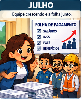 Julho: a empresa cresce: expansão da equipe, treinamento obrigatório e o efeito da folha maior no custo e nos encargos.