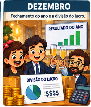 Dezembro: fechamento do exercício: inventário anual, ajustes de encerramento, demonstrações e destinação do resultado.